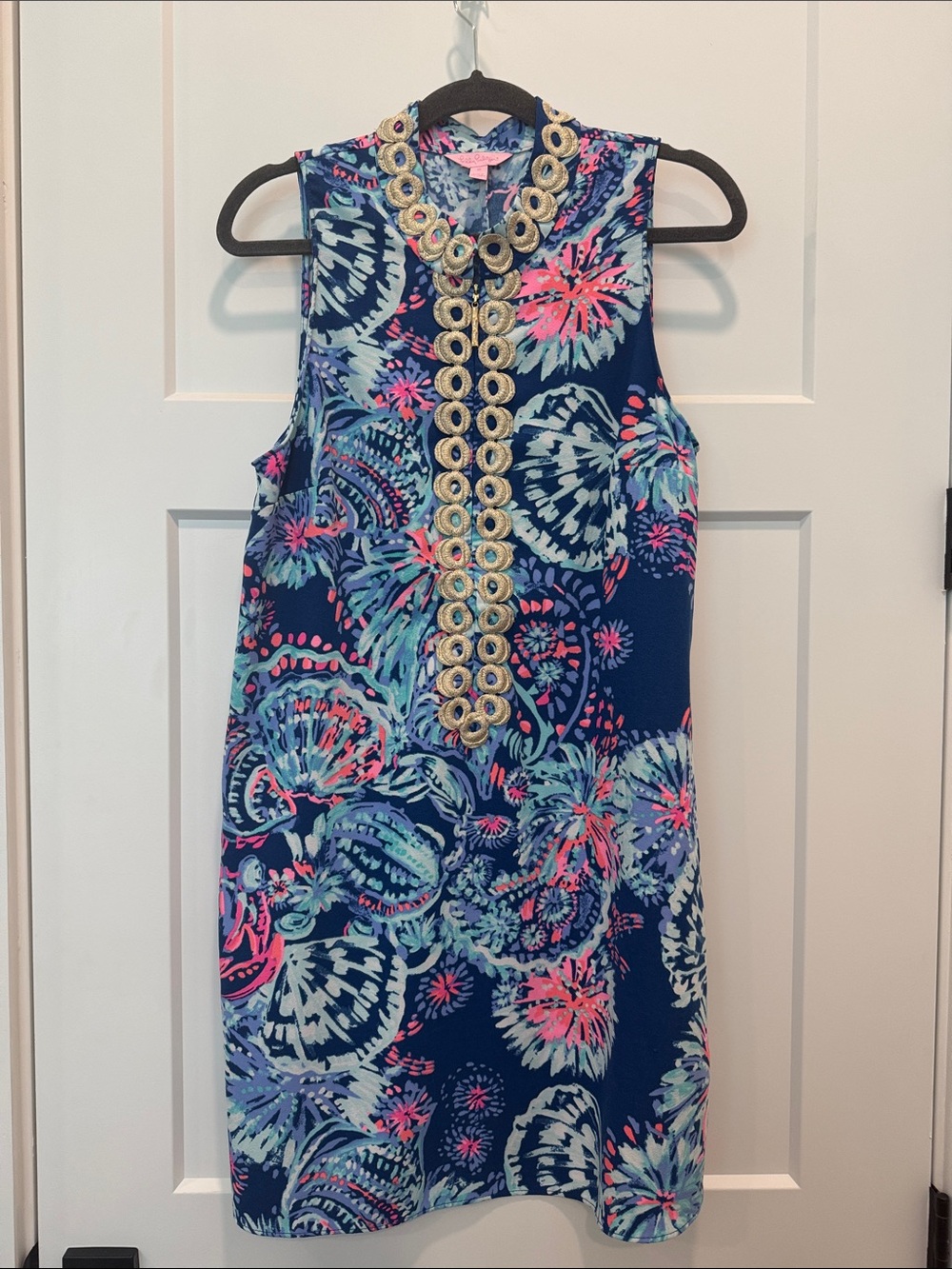 Lilly Pulitzer Navy Tropical Floral Shift Dress with Gold Embellishment